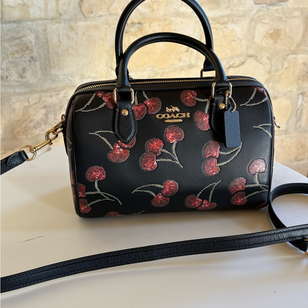 Coach Black and Red Cherry Print Satchel Set